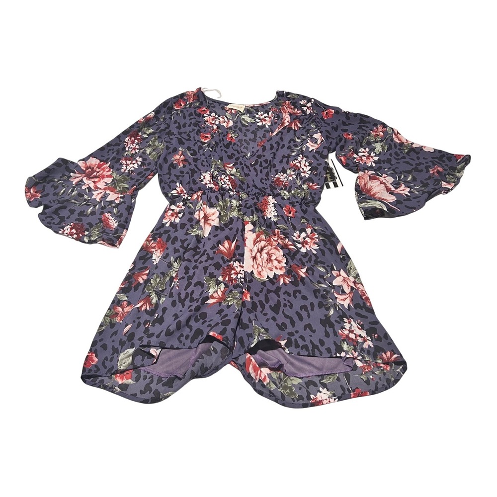 143 Story Patricia Romper Womens Small Plum Floral Leopard Bell Sleeve NWT